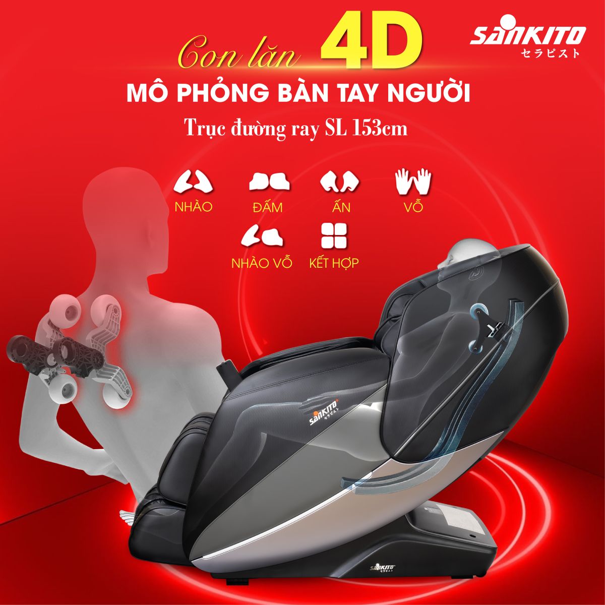 Ghế Massage Sankito S-80 Công nghệ con lăn 4D mà đường ray SL ôm sát cơ thể