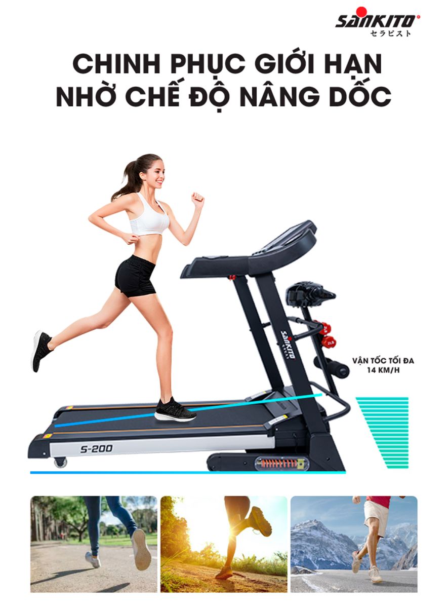 máy chạy bộ Sankito S-200 hỗ trợ nâng dốc đa cấp độ