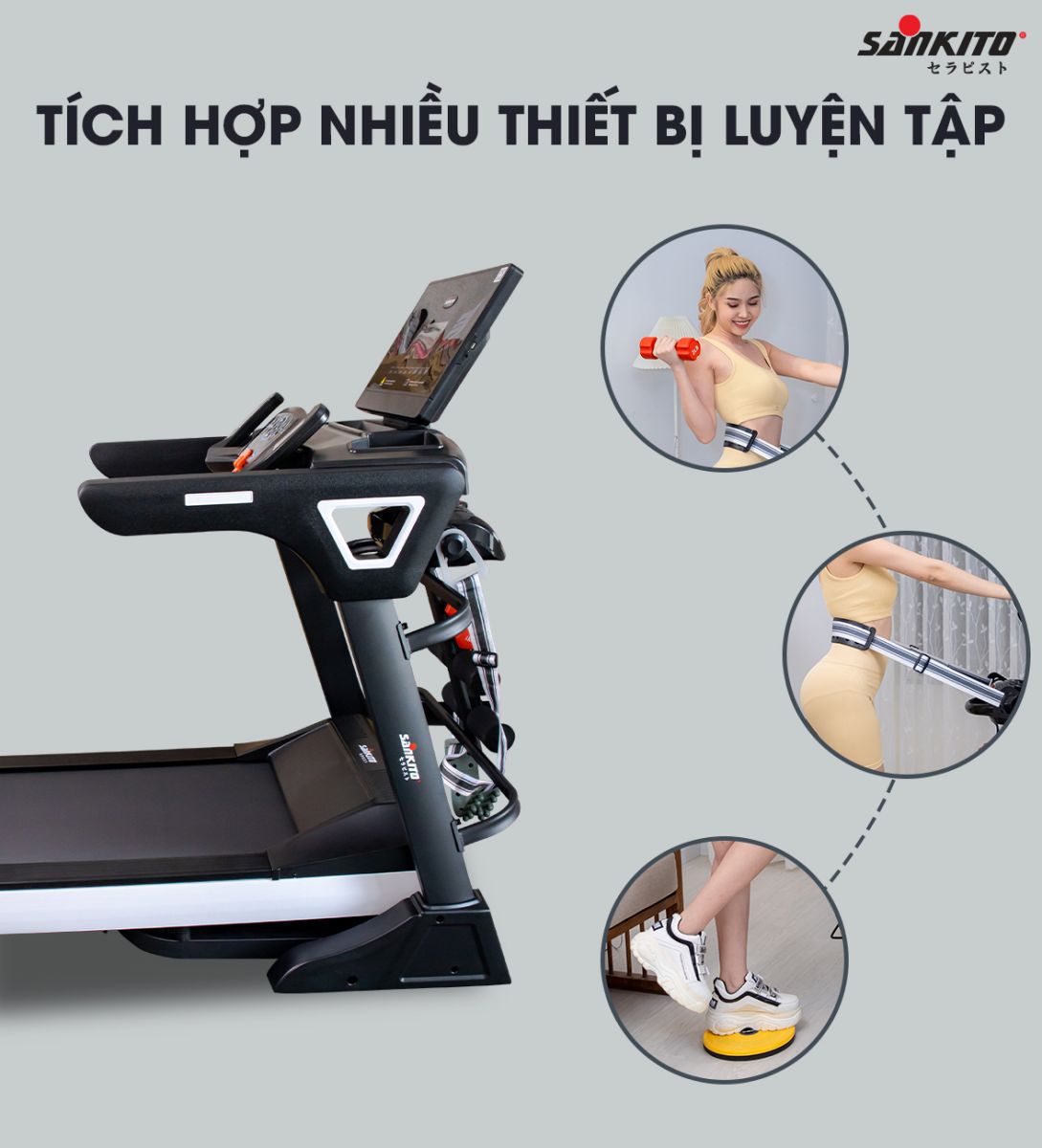 Máy chạy bộ Sankito S-350 Tích hợp nhiều thiết bị luyện tập như phòng gym thu nhỏ